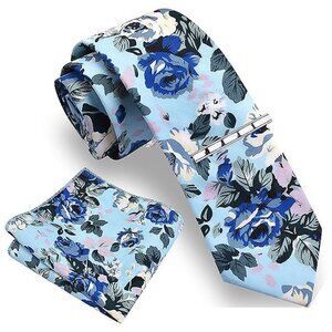 Floral Printed Necktie Tie Clip Pocket Square Sets Blue 01